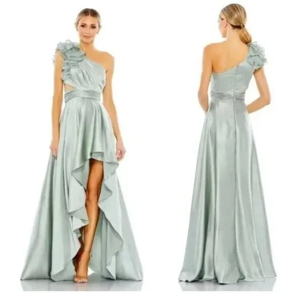 MAC DUGGAL RUFFLE ONE SHOULDER CUT OUT HI LOW DRESS SAGE‎ GREEN SZ 4 NEW $398